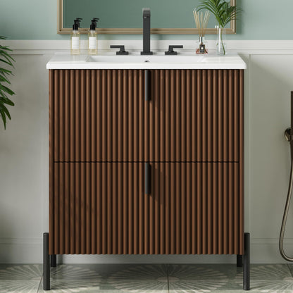 Merax 30" Freestanding Bathroom Vanity with Ceramic Sink, Equipped with Vertical Pulls, Full-Extension Drawers, Soft Close Drawer Slides, Fluted Design, Brown