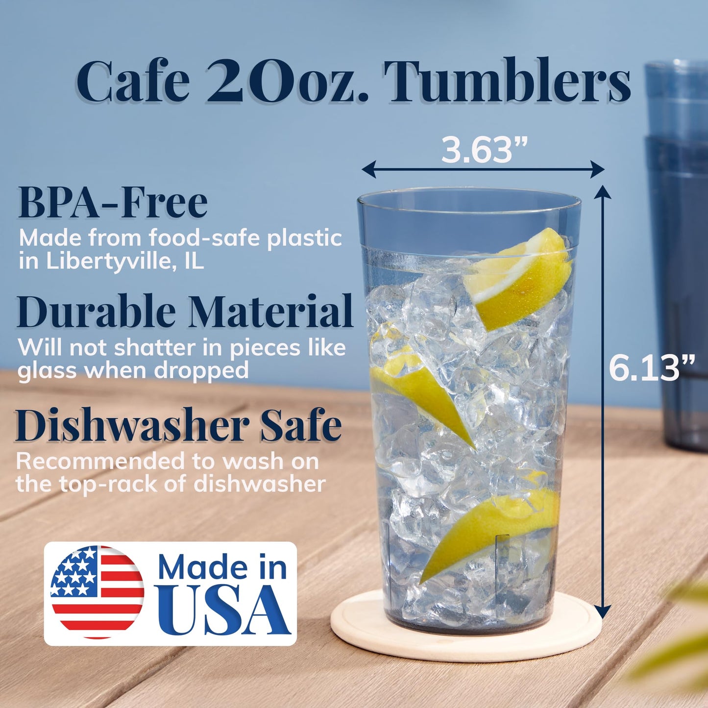 US Acrylic Cafe Plastic Reusable Tumblers (Set of 16) 20-ounce Water Cups in Grey | Value Set of Restaurant Style Drinking Glasses, Stackable, BPA-free, Made in the USA | Top-rack Dishwasher Safe