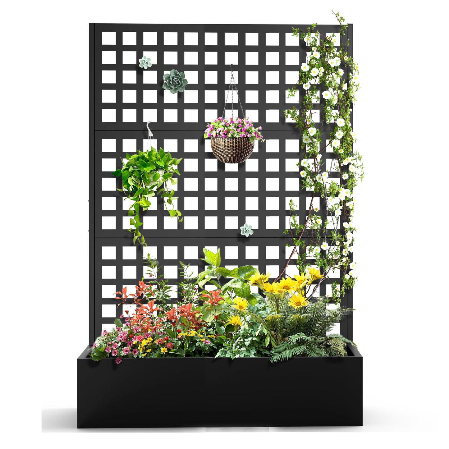 Metal Raised Garden Bed with Trellis for Climbing Plants, Vegetable, Vines,Metal Planter Box with Trellis 71"x47"x16",Trellis with Planter Box & Privacy Screen(Black)
