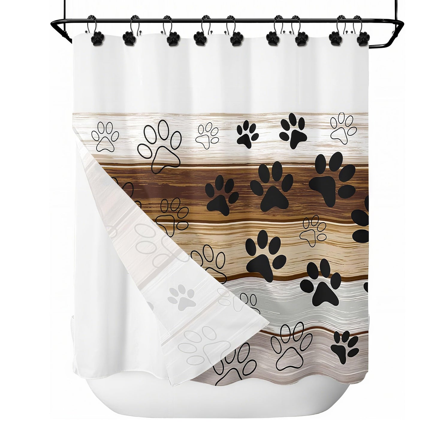 Sunlit Fashion Design Cute Paw Print Polished Double Shower Curtain Hooks for Dog Cat and Bear, Rust Proof Oil Metal Shower Curtain Rings, Black-12 Pack