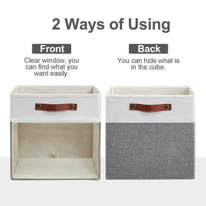 Bagnizer Storage Cubes, 4 Pack Linen Foldable Storage Bins (13 x 13 inch) with Clear Window and 2 Handles, Closet Organizers and Storage for Shelf Closet, Clothes, Books - (Gray and White)