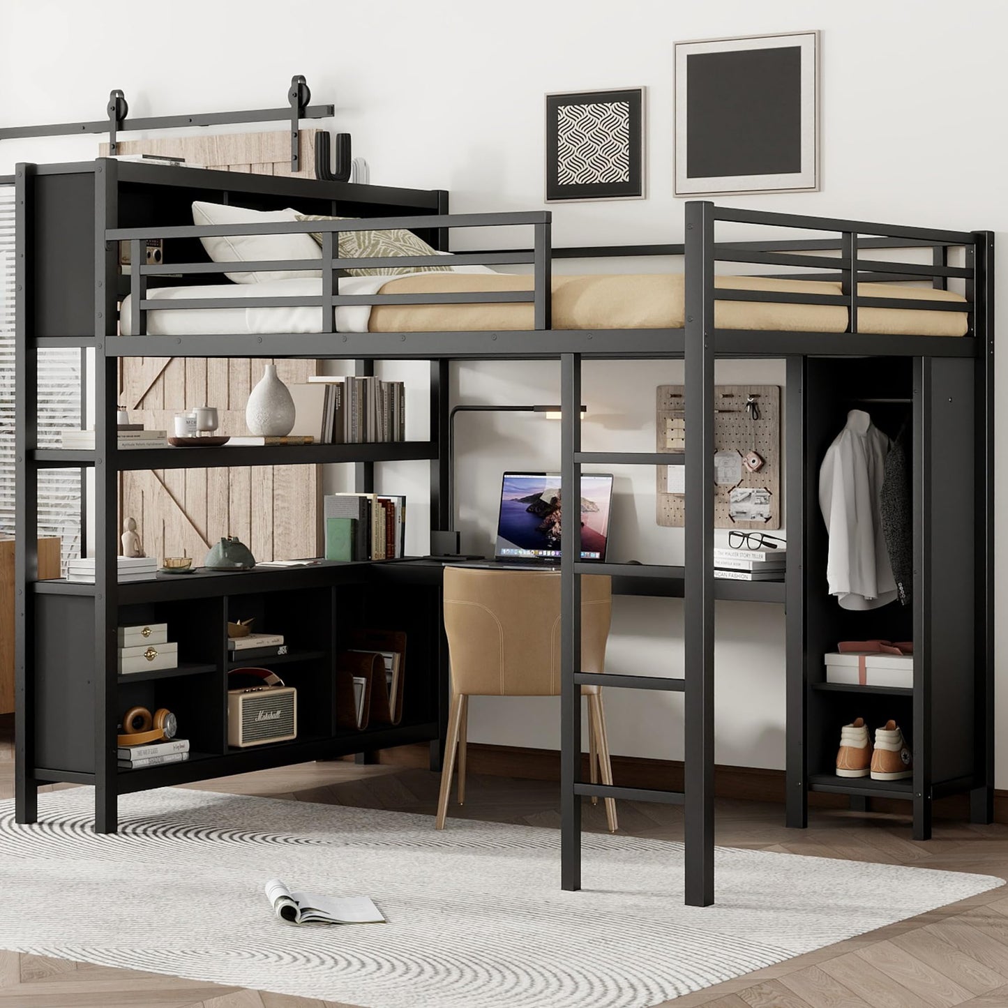 Queen Loft Bed with Wardrobe and Storage Cubes, Queen Size Loft Bed with Desk, Storage Shelf and Guardrail, Queen Size Loft Bed for Adults, Teens, Kids, Black