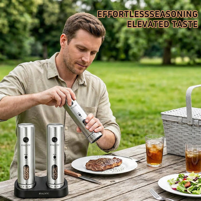 RYALNTC Electric Salt and Pepper Grinder Set with Rechargeable Base Upgraded Stainless Steel Automatic Salt and Pepper Shakers,Upgraded 2-Speed Setting,External 6 Adjustable Coarseness with LED Light