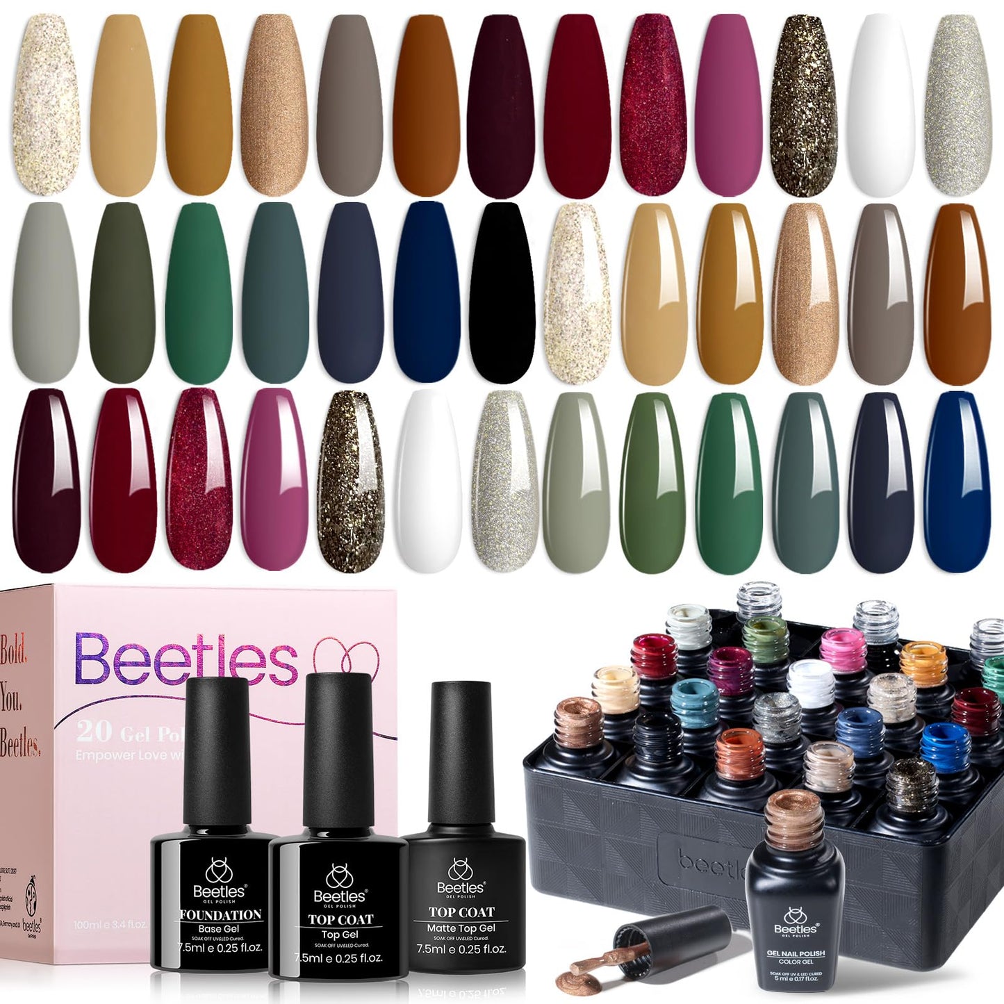 Beetles Cat Eye Gel Polish Set - 24Pcs 20 Colors Glitter Dark Color Changing Gel Nail Polish Kit with Base Gel Glossy Matte Top Coat Soak off UV DIY Nail Art Salon Ombre Black Nails Gift
