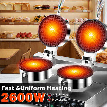 110V 2600W Commercial Double Waffle Maker,Non-Stick Commercial Waffle Baker,Stainless Steel Belgian Waffle Iron for Restaurant Party Food Stall, Bakery Snack Bar Family