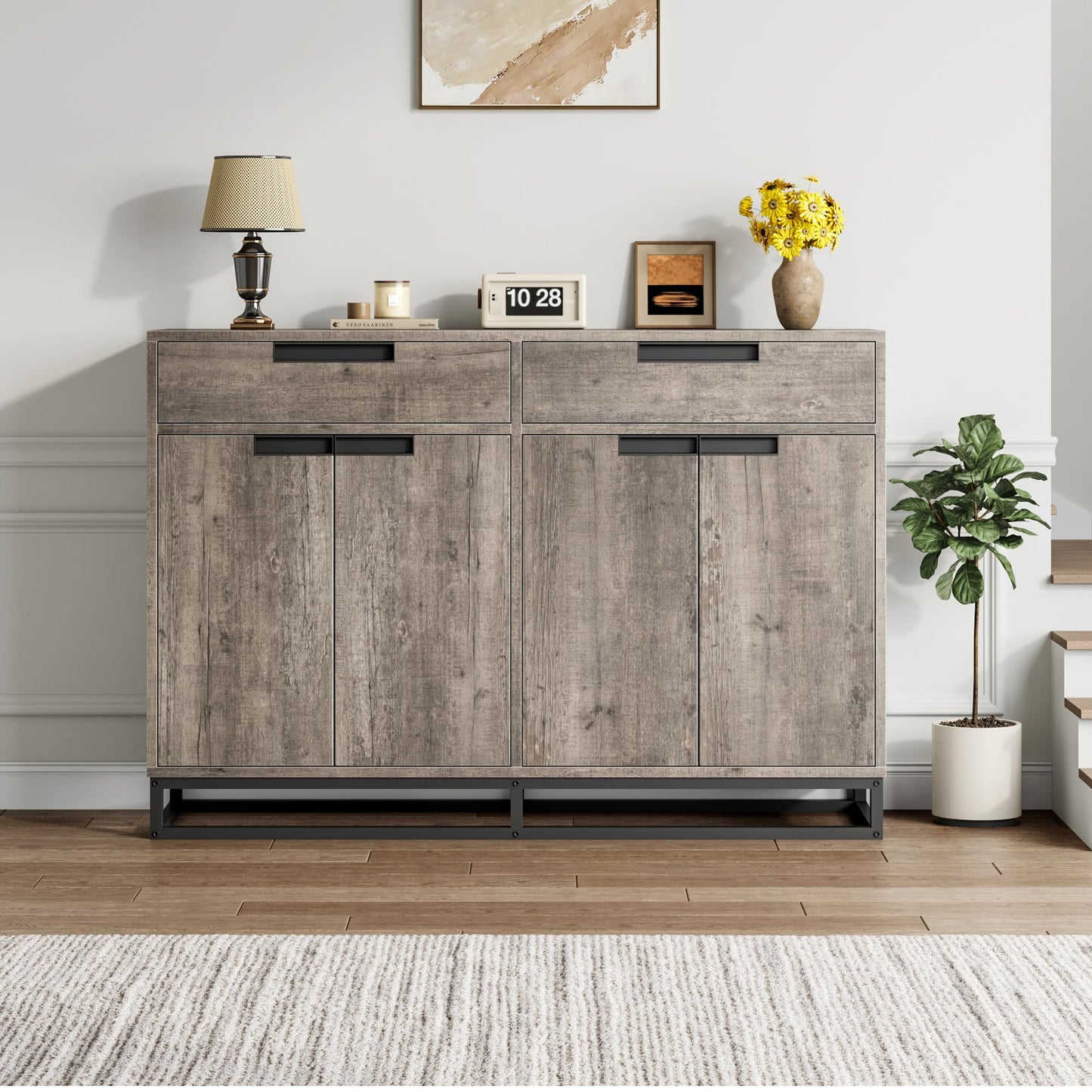 GAOMON 55" Large Sideboard Cabinet, Modern Buffet Cabinet with 4 Doors and 2 Drawers, Buffet Sideboard with Adjustable Shelves and Gold Accents for Dining Room, Kitchen, Entryway Oak