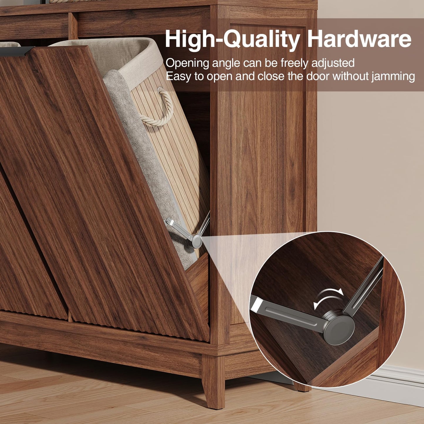 Double Tilt Out Trash Can Cabinet with Odor Control, Outlets, Fluted Trash Cabinet 13 Gallon Hidden Bin Storage, Modern Kitchen Cabinet with Soft-Close Door, Laundry Hamper Cabinet for Bathroom