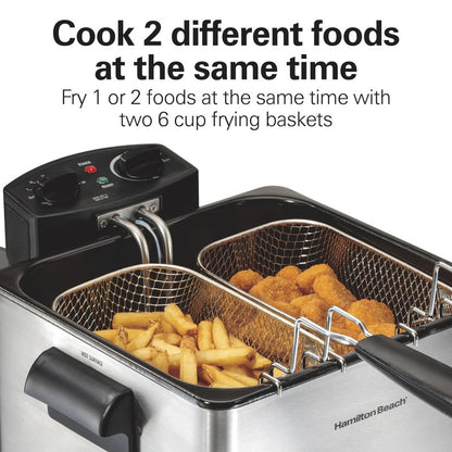 Hamilton Beach Electric Deep Fryer with 2 Baskets and Lid, 4.5 Liters / 19 Cups Oil Capacity, Temperature Control, View Window, Professional Style, 1800 Watts, Stainless Steel (35036)