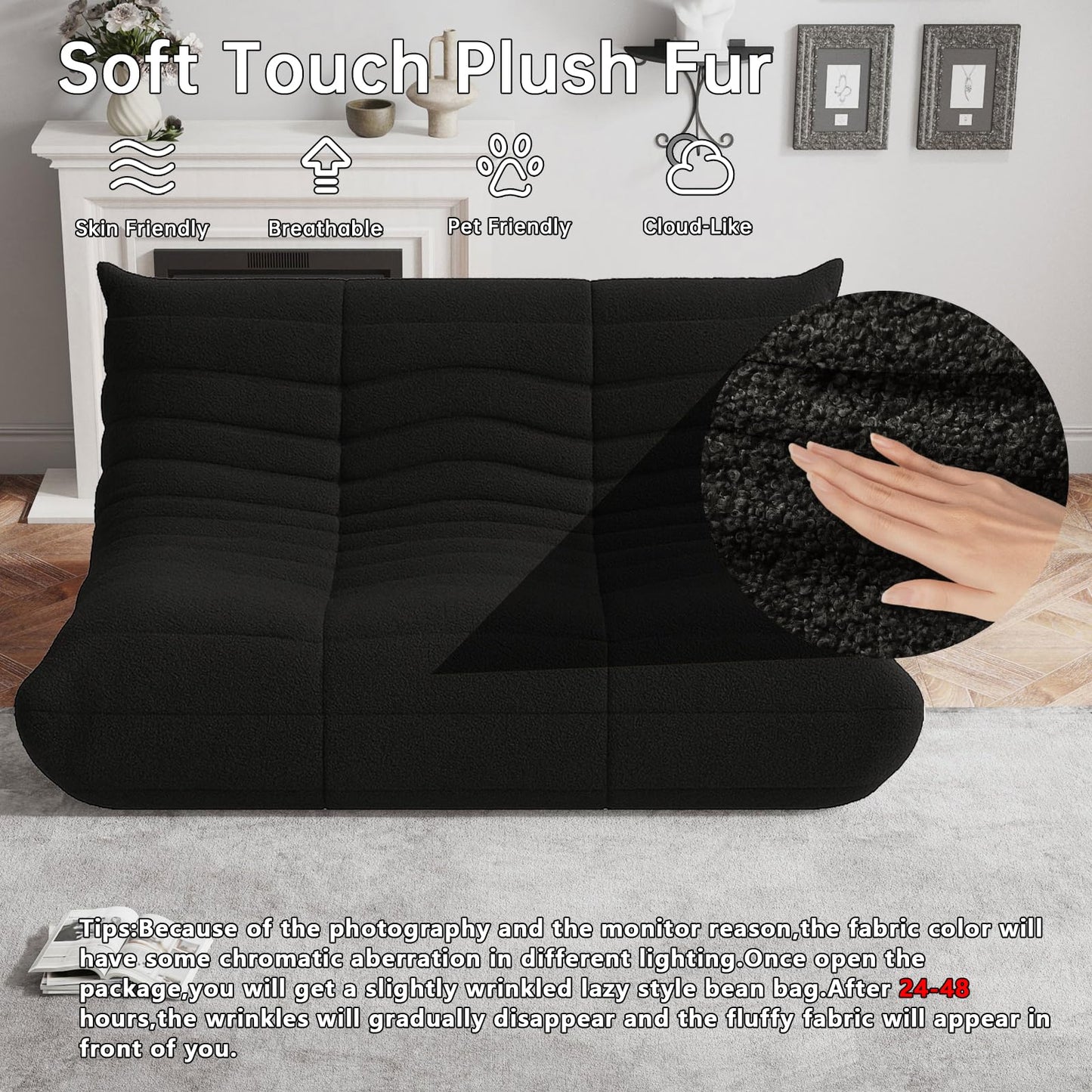 Bean Bag Chairs for Adults, Memory Foam Couch Loveseat Sofa Chair, Soft Teddy Material Cozy Comfy Reading Nook Chairs, Floor Chair for Living Room Bedroom Office(Black)