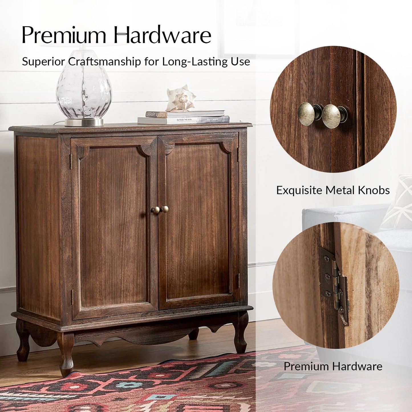 The support you need Solid Wood Sideboard with Adjustable Feet, 2 Shelves Storage Accent Cabinet with Double Doors, Farmhouse Buffet for Living Room, Dining Room & Entryway, Walnut
