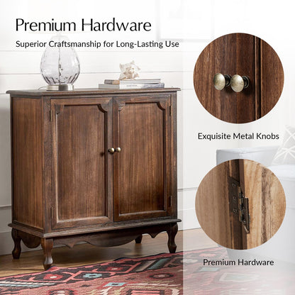The support you need Solid Wood Sideboard with Adjustable Feet, 2 Shelves Storage Accent Cabinet with Double Doors, Farmhouse Buffet for Living Room, Dining Room & Entryway, Walnut
