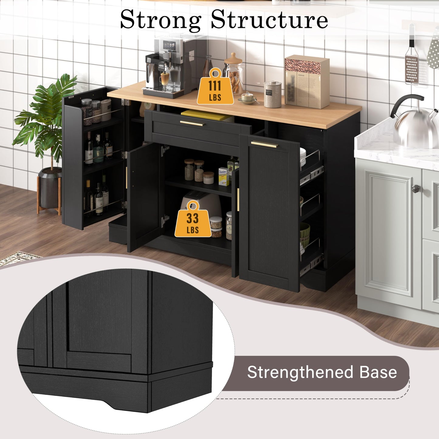 GDFStudio Buffet Cabinet with 3-Tier Pull-Out Rack, Adjustable Shelves, Multi-Functional Storage Cabinet Sideboard Coffee Bar Cabinet, Kitchen Island Storage for Dining Room Living Room, Black