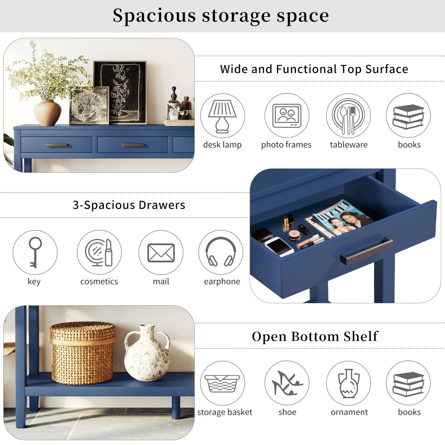 Merax Entryway Console Table, with 3 Storage Drawers, Bottom Shelf Design/Wood Frame/Behind Couch & Sofa, Blue