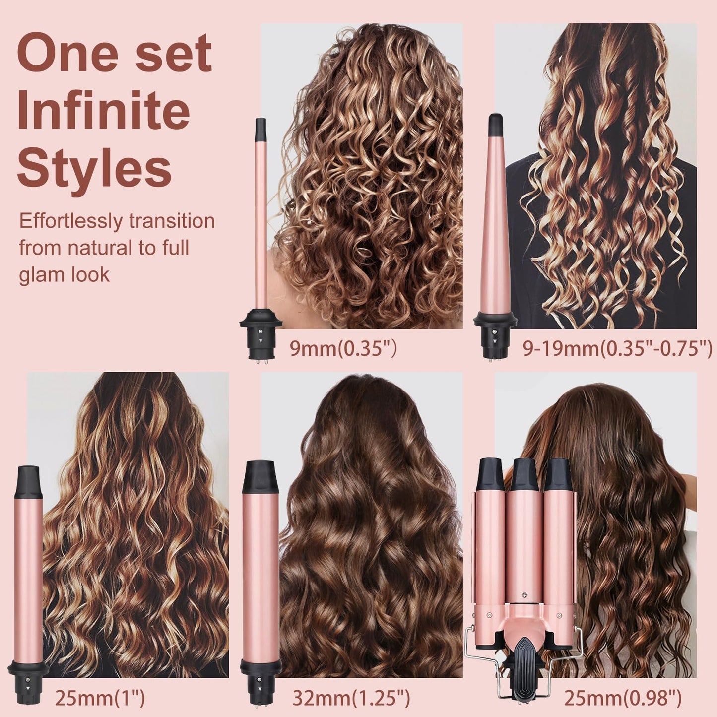 5 in 1 Curling Wand Set, Three Barrel Curling Iron Set with 3 Barrel Curling Iron and 4 Interchangeable Ceramic Curling Wand(0.5”-1.25”), Fast Heating, Include Glove & 2 Clips