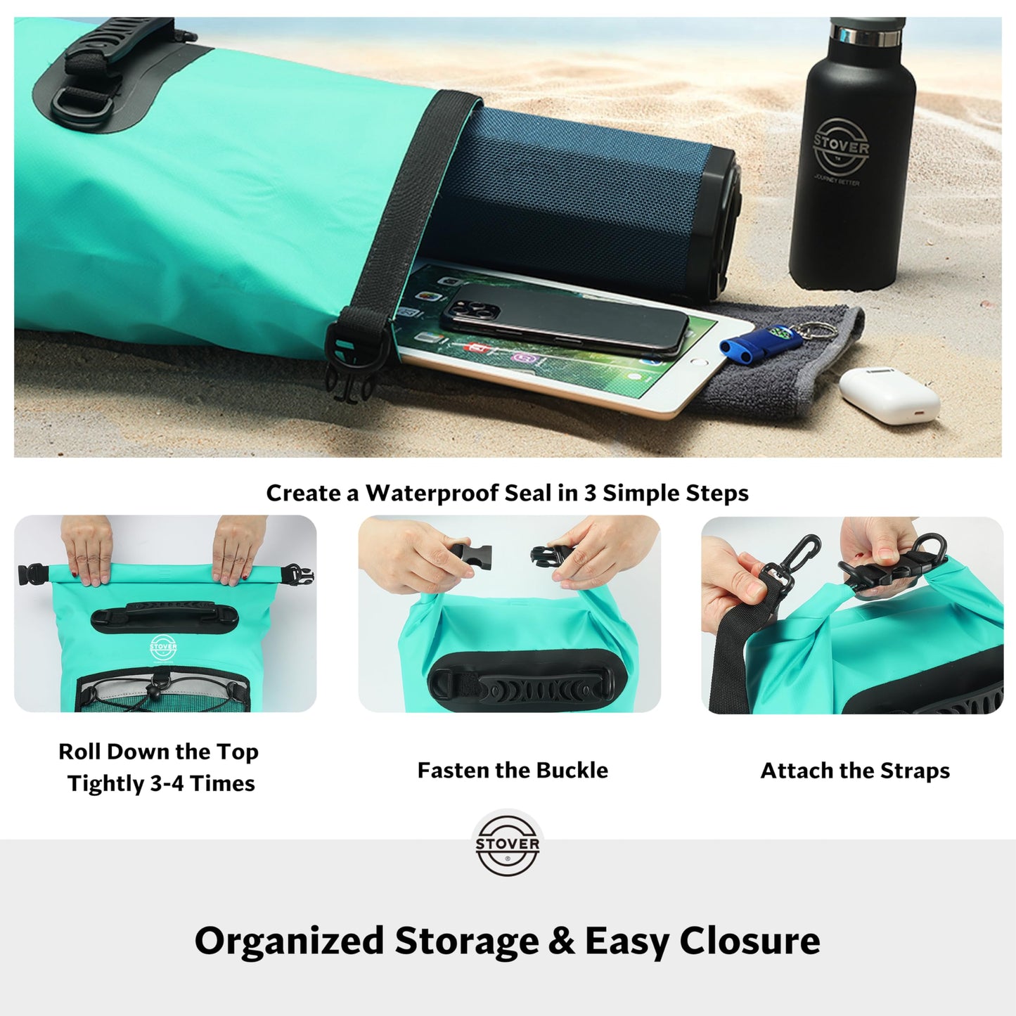 STOVER 5/10/25/30/40/55L Waterproof Dry Backpack & Phone Case- Medium Floating Dry Bag for Kayaking, Travel, Hiking, Fishing, Camping, Motorcycles & Beach, Heavy-Duty Roll Top Men/Women (Teal)
