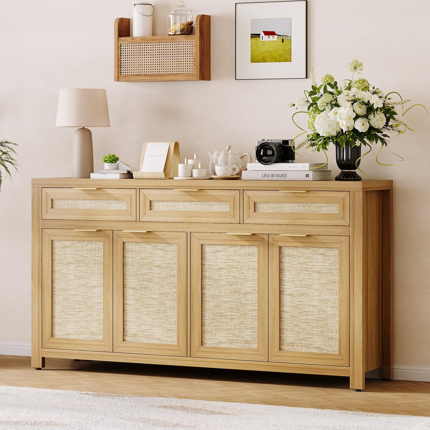 IDEALHOUSE Kitchen Sideboard Buffet Cabinet with Storage, 63in Large Farmhouse Wood Coffee Bar Credenza Cabinet with 3 Drawers and 4 Doors Adjustable Shelves for Living Room, Light Oak
