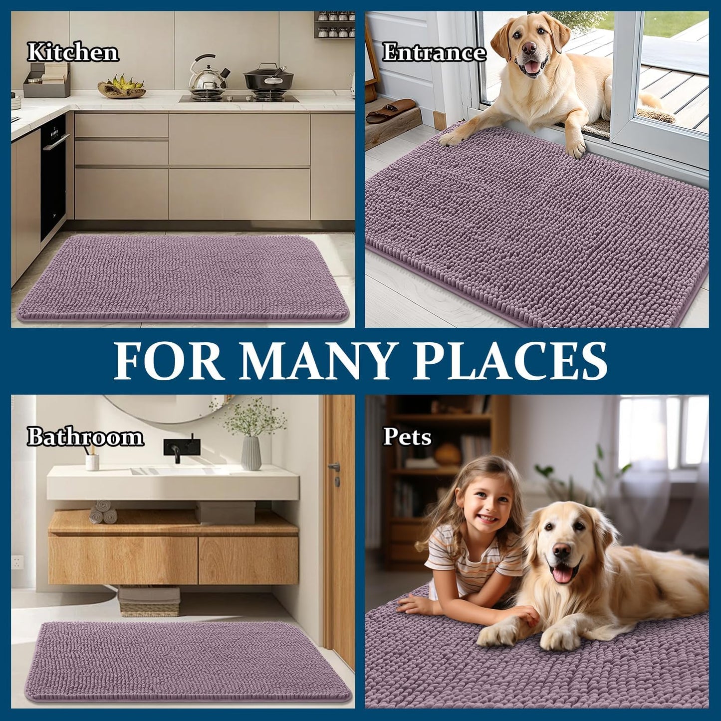 OLANLY Dog Door Mat - Absorbent Non-Slip Mud Mat for Indoor Use | Quick Dry Chenille, 44x32, Deep Plum