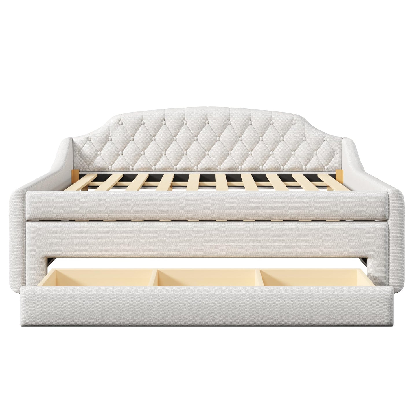 Merax Upholstered Full Size Daybed with LED Lights, Trundle & 3 Drawers, Linen Sofa Bed for Guest Room & Small Spaces, Beige