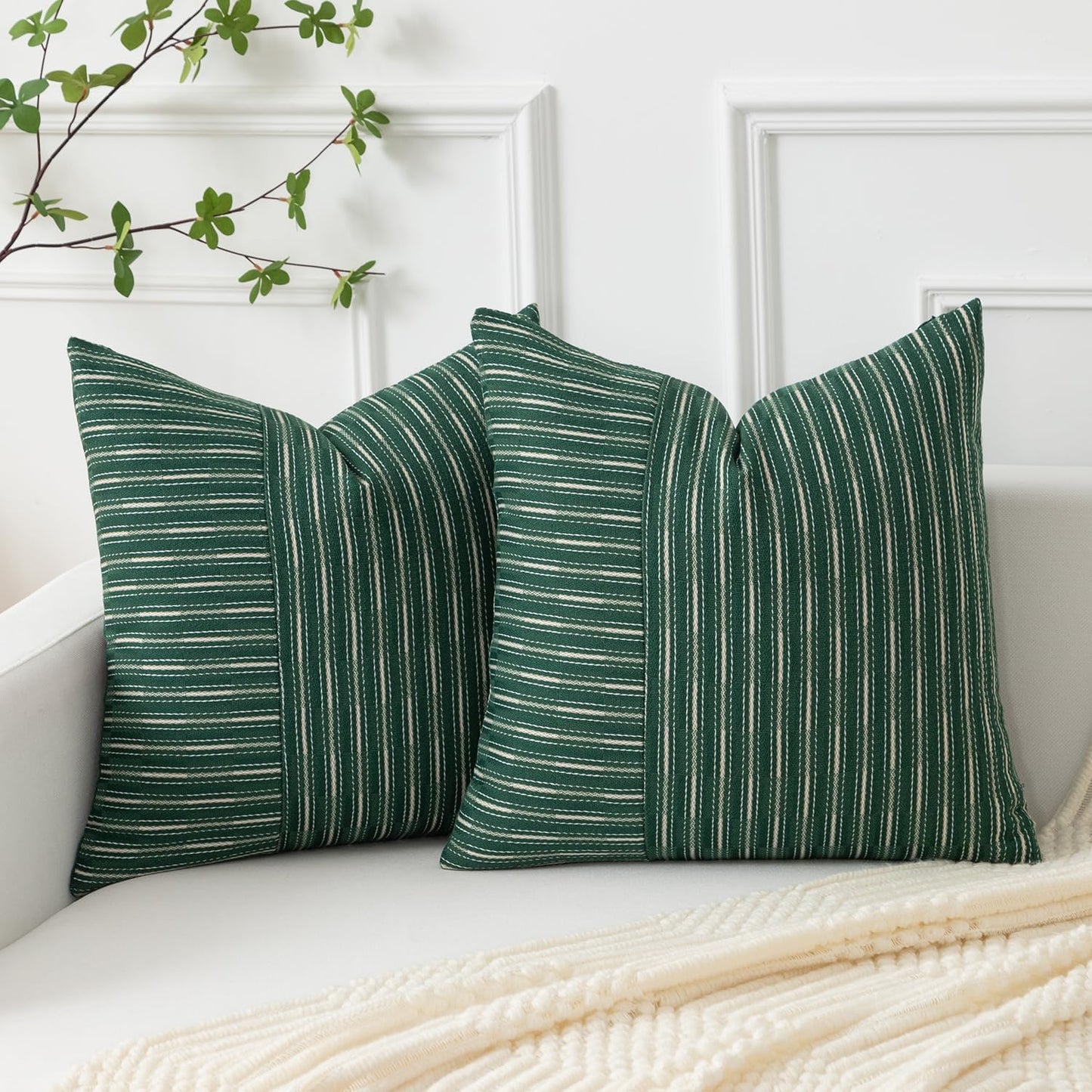 18x18, Set 2, Kevin Textile Dark Green and Beige Farmhouse Striped Patchwork Linen Decorative Throw Pillows Covers