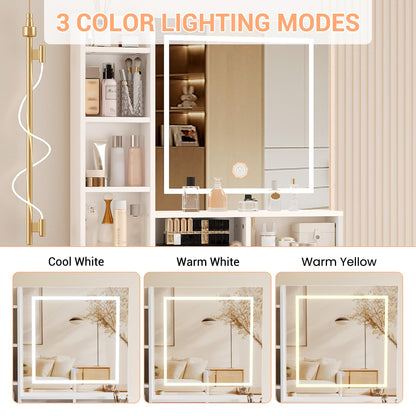 GAOMON Modern LED Makeup Vanity Desk with Mirror – 5 Drawers, Removable Side Cabinet, Cushioned Stool, Adjustable Lights – Bedroom Dressing Table for Girls & Women – Gold Iron + White Plate + Gold