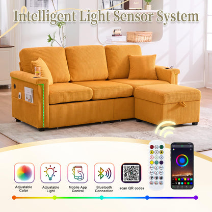 KEIKI 76" L-Shaped Modular Corduroy Sectional Sofa with Pull-Out Bed & 1 Movable Storage Ottoman & 2 Cup Holder & USB, Convertible 4-Seater Sleeper Couch Bed, Easy Assembly, for Living Room, Yellow