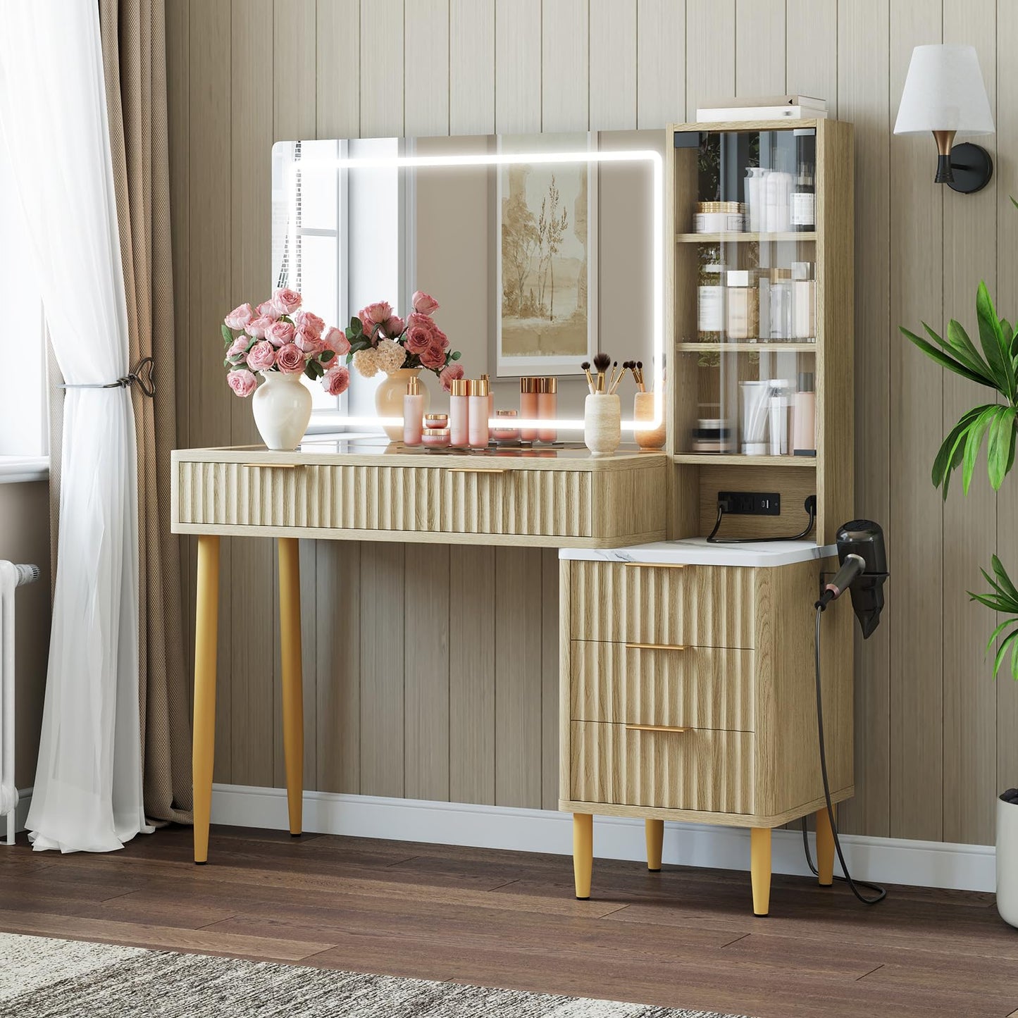 GarveeHome Makeup Vanity Desk with Lights, Fluted Wooden Dressing Table with 5 Drawers and Adjustable Shelves, Makeup Vanity Table Modern Glass Top with Charging Station for Bedroom (Oak)