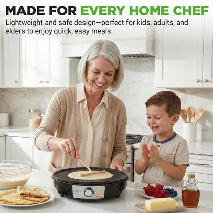 Nutrichef Electric Crepe Maker & Griddle Cooktop - Nonstick 12 Inch Aluminum Hot Plate with LED Indicator Lights & Adjustable Temperature Control - Wooden Spatula & Batter Spreader Included
