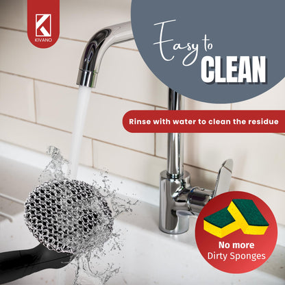 KIVANO Cast Iron Scrubber with Pan Scraper, 316L Chainmail Scrubber, Long Handle Cast Iron Cleaner for Dishes, Pans, Grills, Upgraded Chain Mail Scrubber for Grill Pan Skillet Wok Carbon Steel