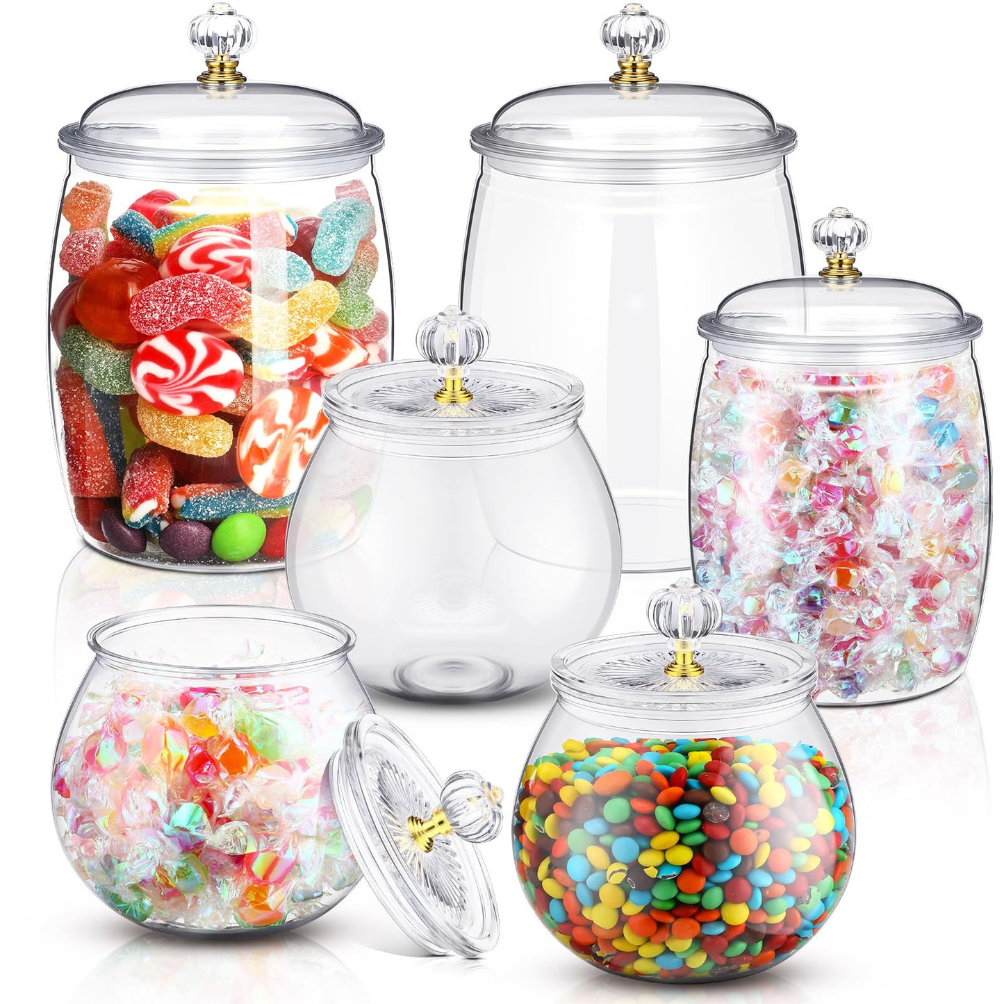Nuogo 6 Pcs Plastic Candy and Cookie Jar with Lids Decorative Apothecary Jars Candy Buffet Containers Clear Airtight Food Storage Canister Home Decoration(30/42/64 oz,Classic, Stylish)