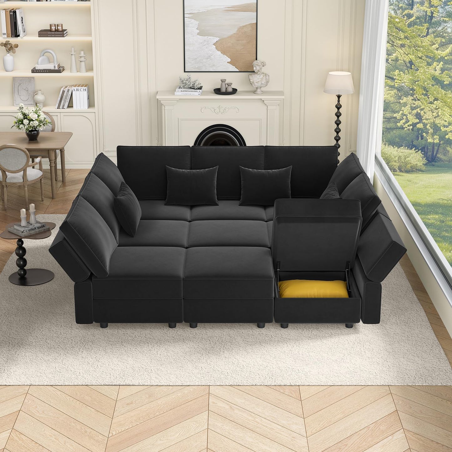 Vesgantti Modular Sofa Bed with Storage, 92" Sleeper Sofas with 9 Seats Storage Chaises Removable Cover, Luxury Large Velvet Sectional Couch Set for Living Room, Apartment, Home Theater, Black