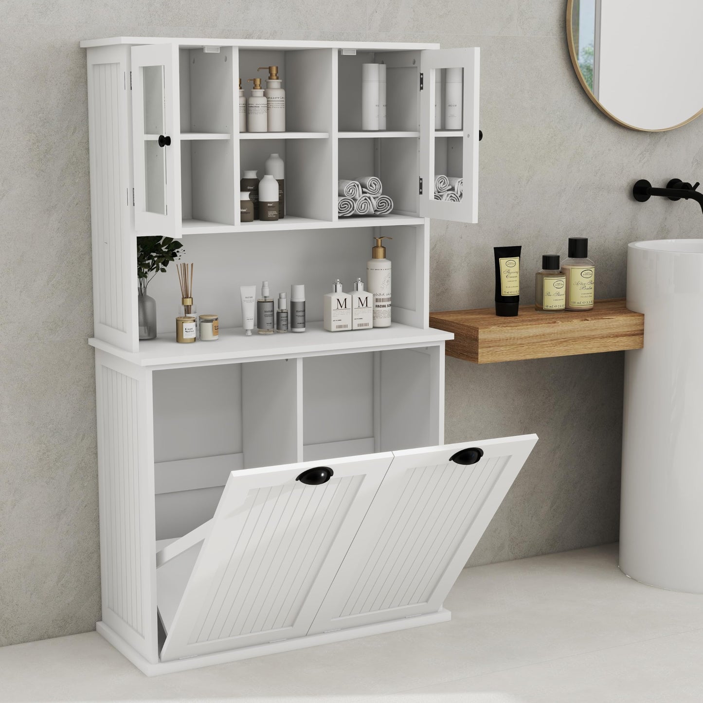Knocbel Tilt-Out Laundry Sorter with 2 Removable Bags and Adjustable Shelves, Tall Bathroom Floor Cabinet Laundry Hamper (White 59")