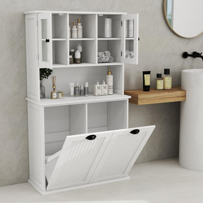 Knocbel Tilt-Out Laundry Sorter with 2 Removable Bags and Adjustable Shelves, Tall Bathroom Floor Cabinet Laundry Hamper (White 59")