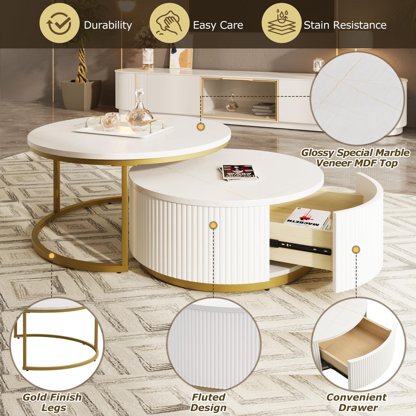 Merax Round Nesting Coffee Table Set of 2 with Storage Drawer and Marbling Tabletop, Perfect for Living Room Apartment, White