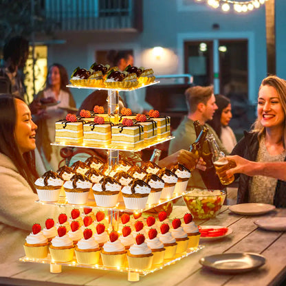 YestBuy 4 Tier Cupcake Stand Acrylic Tower Display with LED Light Premium Holder Dessert Tree Tower for Birthday Candy Bar Décor Weddings, Parties Events (Yellow Light)