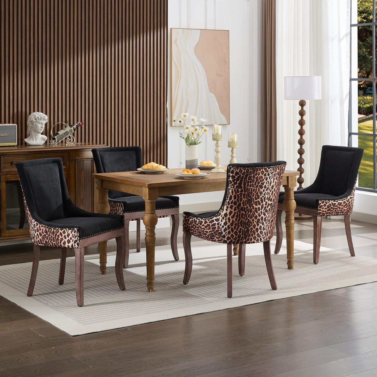Upholstered Dining Chairs Set of 2,Mid Century Modern Dining Room Chairs with Solid Wood Frame Bronze Nail Head,Armless Accent Chair for Living Room Kitchen Restaurant 36.4" H Leopard