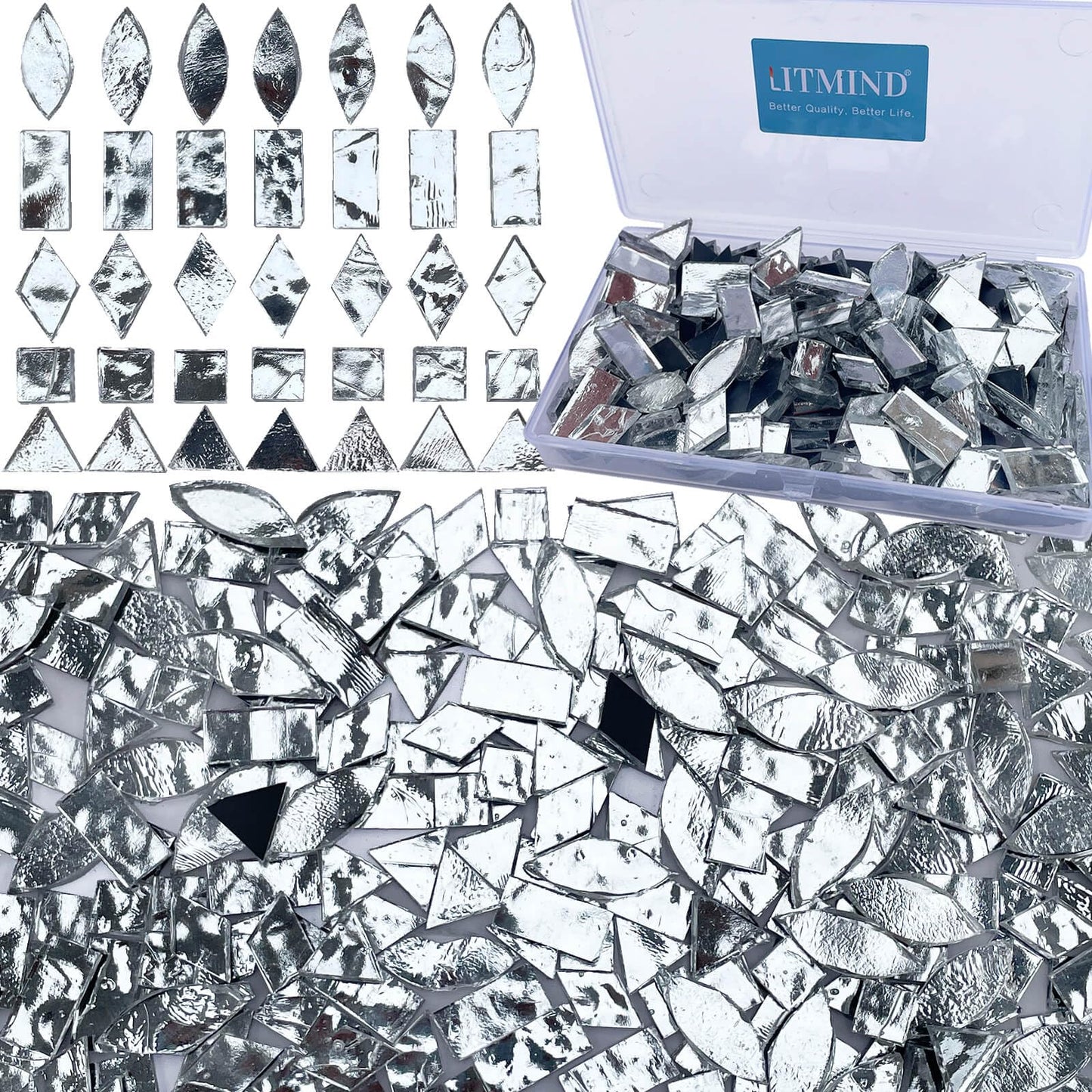 LITMIND Silver Stained Glass Mirror Mosaic Tiles with Black Backing - 240 Pieces in 5 Shapes (Rectangle, Triangle, Rhombus, Square, Leaf) Mixed Sizes for Crafts, Mosaic Projects & Home Décor