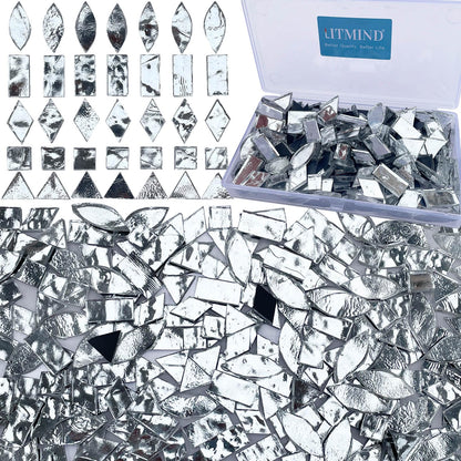 LITMIND Silver Stained Glass Mirror Mosaic Tiles with Black Backing - 240 Pieces in 5 Shapes (Rectangle, Triangle, Rhombus, Square, Leaf) Mixed Sizes for Crafts, Mosaic Projects & Home Décor