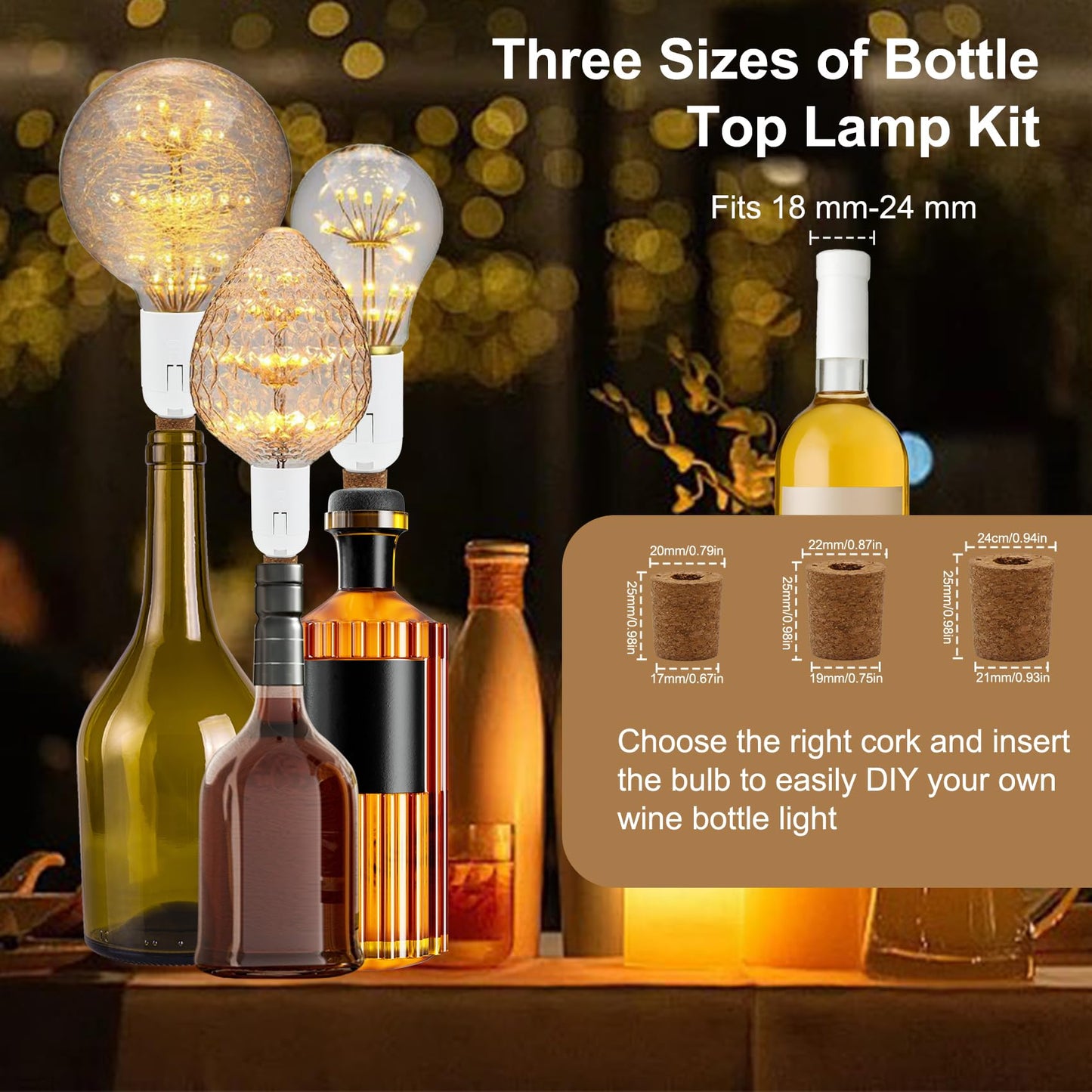 2 Pack Bottle Lamp Kits, 240cm Wine Bottle Table Lamp, DIY Lamp Fittings Kit for Table Lamp with E26/E27 to B22 Converter 3 Sizes of Corks No Drilling (No Bulb)