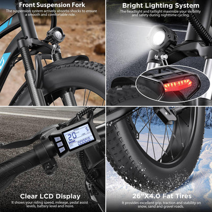 Funhang Electric Bike for Adults, 1000W Peak Ebike, 20MPH 60Miles Electric Mountain Bike, 26" Fat Tire Electric Bicycle with 48V 13AH Battery, Front Suspension,7 Speed, Rear Rack, UL 2849 Certified