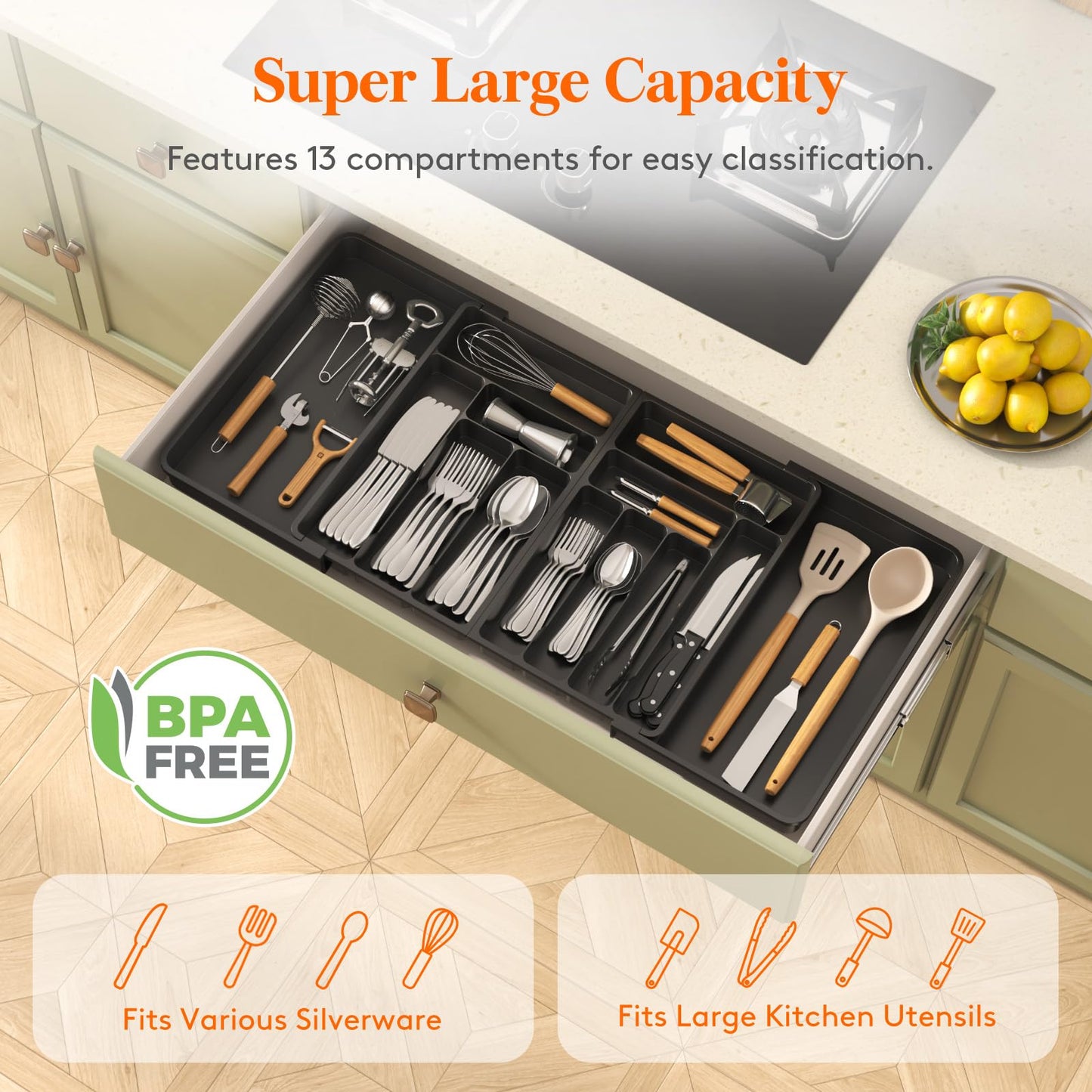 Lifewit Large Silverware Drawer Organizer, Expandable From 21 to 36 Inches, BPA Free Plastic Utensil Tray for Kitchen, Adjustable Flatware and Cutlery Holder for Spoons Forks Knives, Black