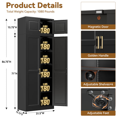 Polup Kitchen Pantry Cabinet, 86 Inch Tall Metal Storage Cabinet, Large Pantry cabinets with Doors and Shelves, Black Storage Cabinets for Garage, Living, Dining, Office, Bathroom, Assembly Required