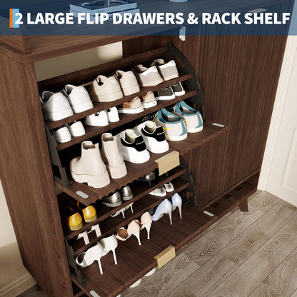 GarveeHome Narrow Fluted Shoe Cabinet Storage for Entryway, Wood Large Freestanding Shoe Organizer Cabinet with Sliding Door, 2 Flip Drawers, Adjustable Shelves Rack & Bottom Open Shelf