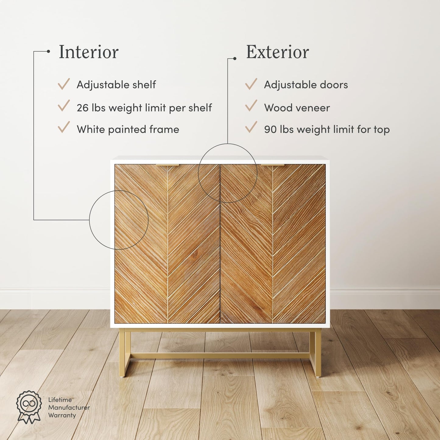 Nathan James Enloe Modern Storage Free Standing Accent Cabinet TV Stand with Doors in a Rustic Pine Wood Finish and Gold Metal Base for Hallway, Entryway or Living Room, Brown/White/Gold, Set of 2