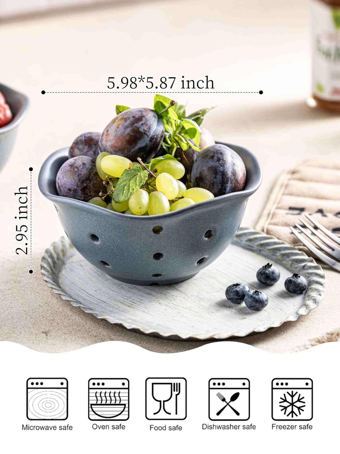 Gomakren Ceramic Berry Basket Set of 2, Elegant Fruit Bowl with Holes for Kitchen Counter, 6 Inch, Berries, Strawberry, Grape, Cherry, Floral Shape, Slate Blue, Dishwasher Safe
