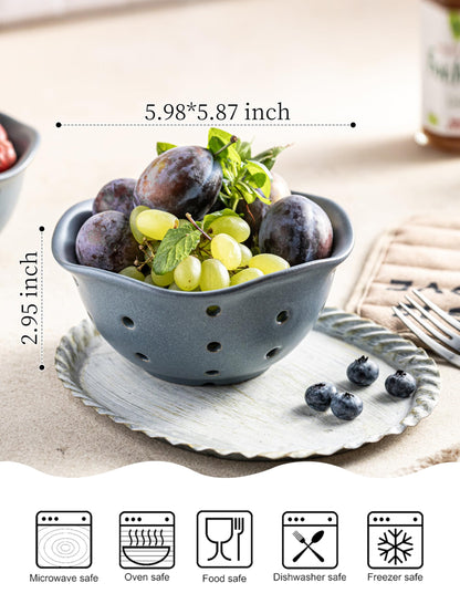 Gomakren Ceramic Berry Basket Set of 2, Elegant Fruit Bowl with Holes for Kitchen Counter, 6 Inch, Berries, Strawberry, Grape, Cherry, Floral Shape, Slate Blue, Dishwasher Safe