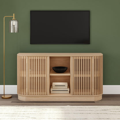 Plank+Beam Contour Wood TV Stand, Two Door Solid Wood Entertainment Console with Storage, 59" L x 16" W x 30" H, Blonde