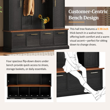Merax 59" Farmhouse Hall Tree with Golden Hooks & Walnut Bench, Entryway Organizer with Adjustable Shelves, Shoe Storage, Anti-Tip for Mudroom, Living Room, Black