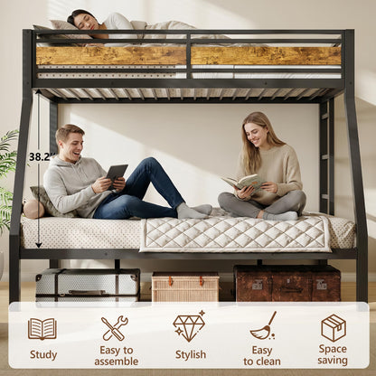 Feonase Bunk Beds Twin Over Full Size, Heavy Duty Metal Bunk Beds with Safety Guardrail & Ladders, Steel Loft Bed Frame for Teens and Adults, Apartment or Dorm, Noise Free & Easy Assembly, Retro