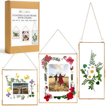 Double Glass Frame for Pressed Flowers, Leaf and Artwork - Set of 3 Hanging Picture Frames, 6x6, 6x8, 4x9 Floating Pressed Flower Frames, Square and Rectangular Wall Decor Photo Display, Clear Metal Glass Frames with Chain (Gold)