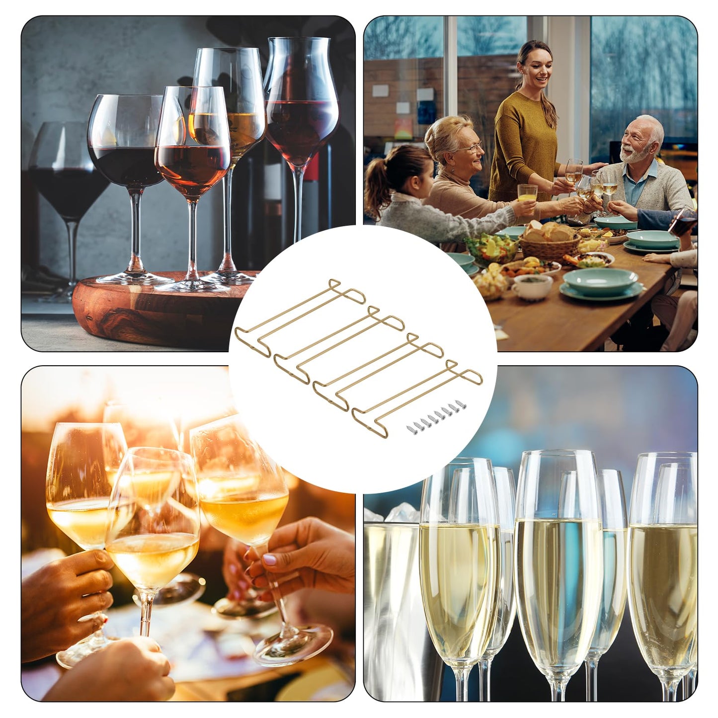 uxcell Wine Glass Rack Under Cabinet, 4Pcs 10-Inch Stemware Wine Glass Hanging Rack Stainless Steel Wine Glass Organizer Storage Hanger for 5mm Stemware Column, Gold
